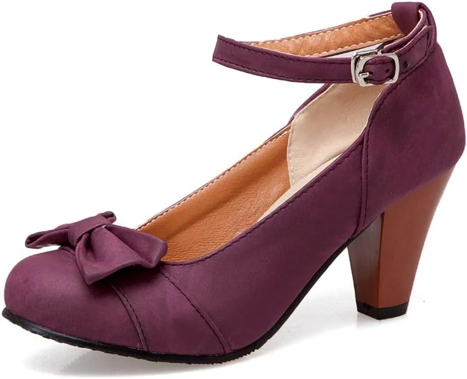 MIOKE Women's Mary Jane Pump Oxfords Pointed Toe Buckle Strap Leather Kitten Mid Heel Retro Dress Shoes