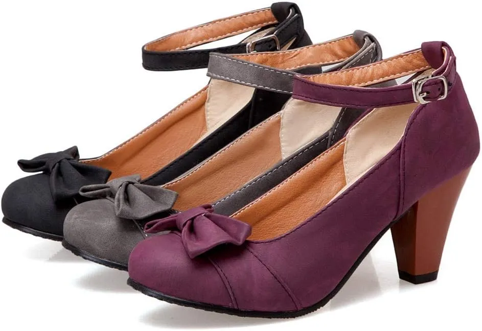 MIOKE Women's Mary Jane Pump Oxfords Pointed Toe Buckle Strap Leather Kitten Mid Heel Retro Dress Shoes