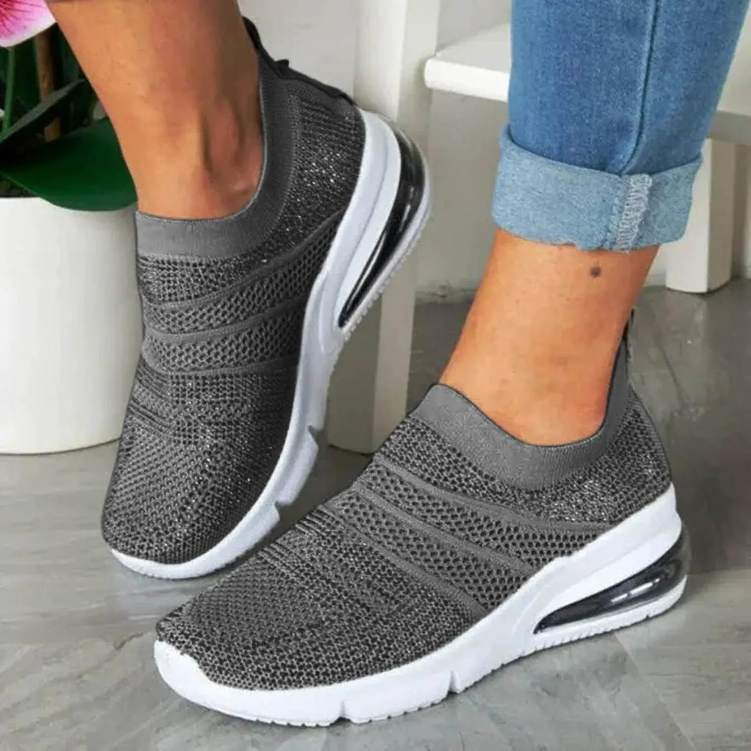 Platform Sneakers for Women Fashion Glitter Tenis Antideslizantes para Mujer De Cocina Womens Slip On Shoes Wide Toe Box Plantar Fasciitis Shoes Women Slip Ons Zapatos Comodos para Mujer