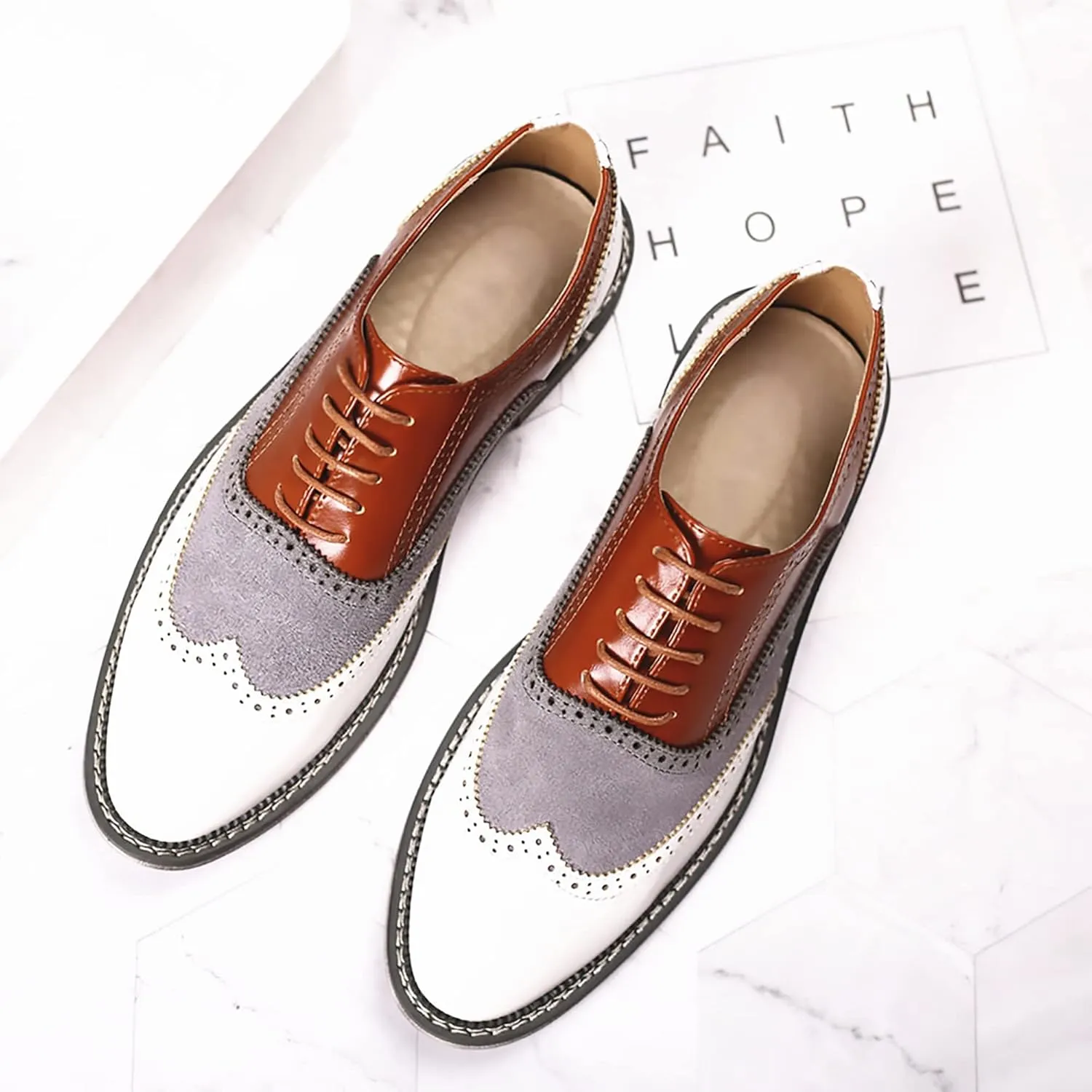 QHBPMGAD Mens Oxford Sneaker Dress Shoes-Stylish Wingtip Brogue Oxfords Casual Suede Shoes Work Travel Gift