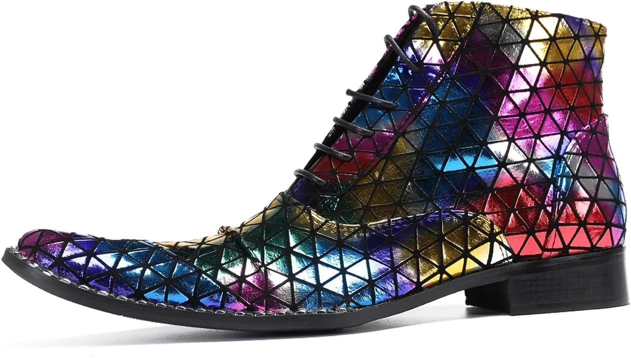 Santimon Men's Leather Oxford-Chelsea Hybrid Boots | Colorful Plaid & Gold Western Cowboy Ankle Boots | Prom/Disco/Tuxedo Party Dress Shoes with Rap Style Detailing
