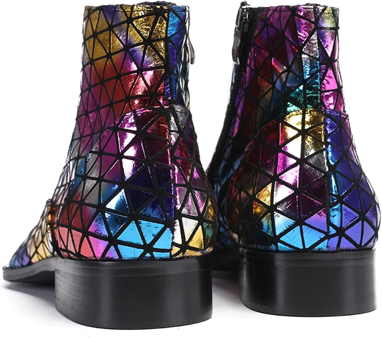 Santimon Men's Leather Oxford-Chelsea Hybrid Boots | Colorful Plaid & Gold Western Cowboy Ankle Boots | Prom/Disco/Tuxedo Party Dress Shoes with Rap Style Detailing