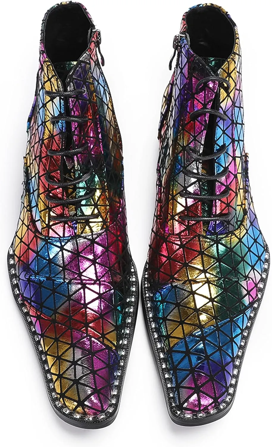 Santimon Men's Leather Oxford-Chelsea Hybrid Boots | Colorful Plaid & Gold Western Cowboy Ankle Boots | Prom/Disco/Tuxedo Party Dress Shoes with Rap Style Detailing