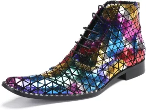 Santimon Men's Leather Oxford-Chelsea Hybrid Boots | Colorful Plaid & Gold Western Cowboy Ankle Boots | Prom/Disco/Tuxedo Party Dress Shoes with Rap Style Detailing