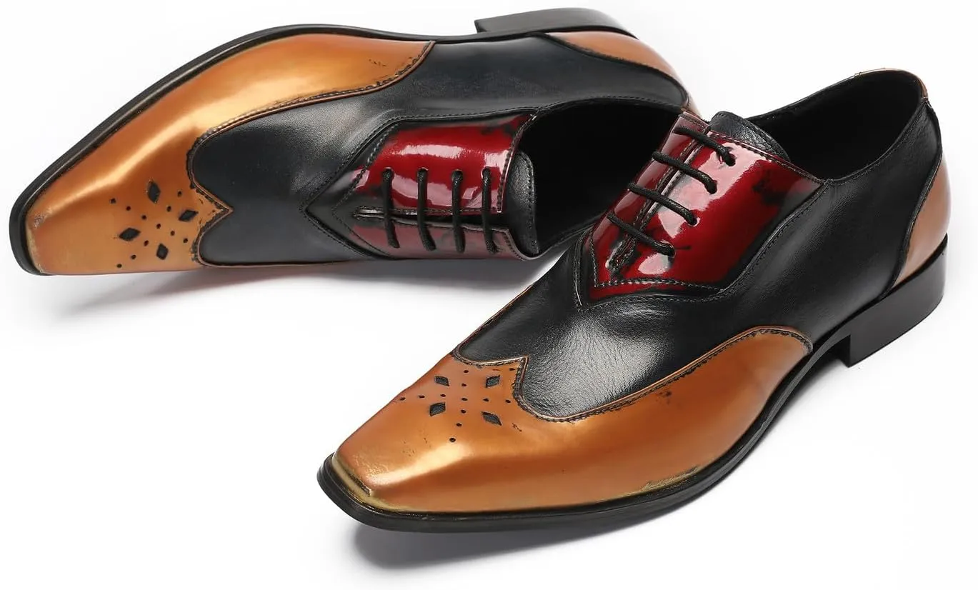 Santimon Mens Oxfords Casual Dress Leather Three Tone Formal Derby Wedding Prom Ballroom Halloween Fashion Western Walking Shoes for Men