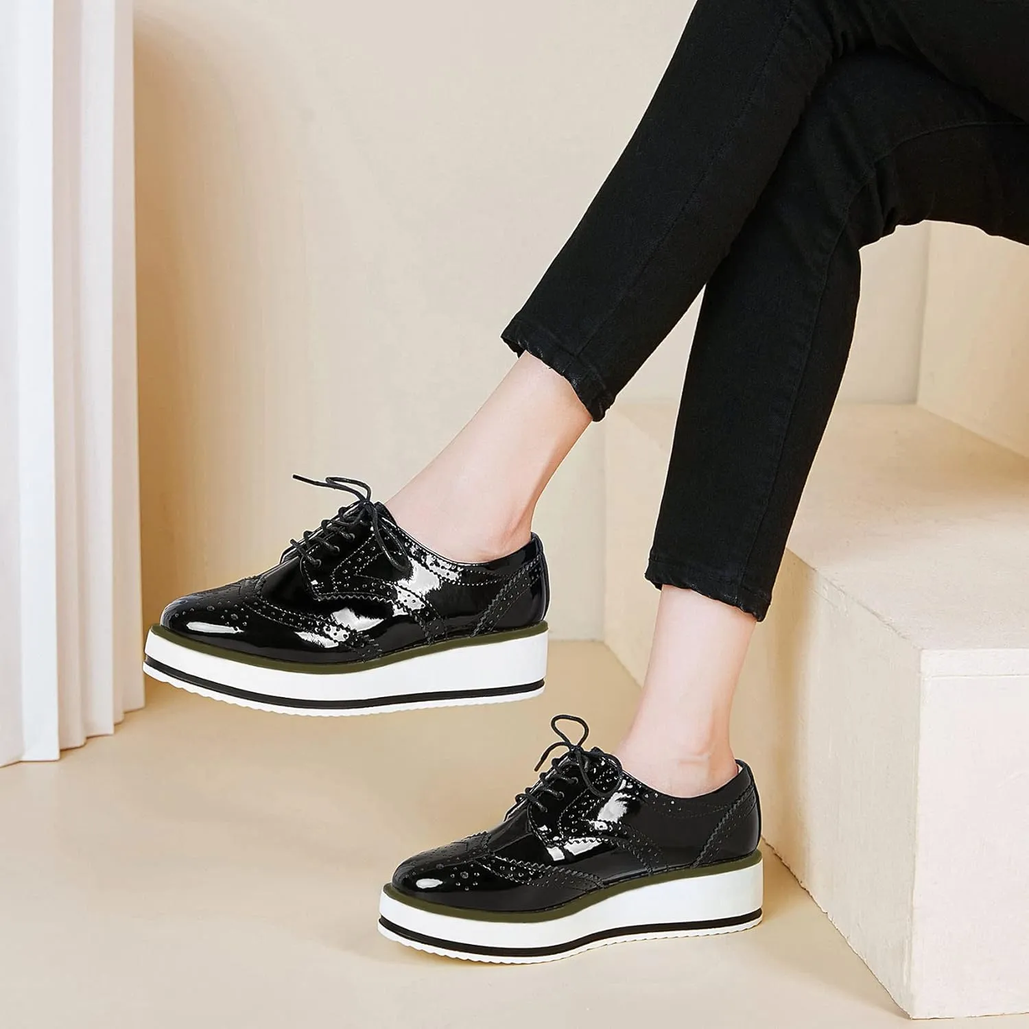SHEMEE Women's Platform Low Heels Flat Lace Up Wingtip Oxfords Pumps Wedge Vintage Round Toe Brogues Dress Shoes