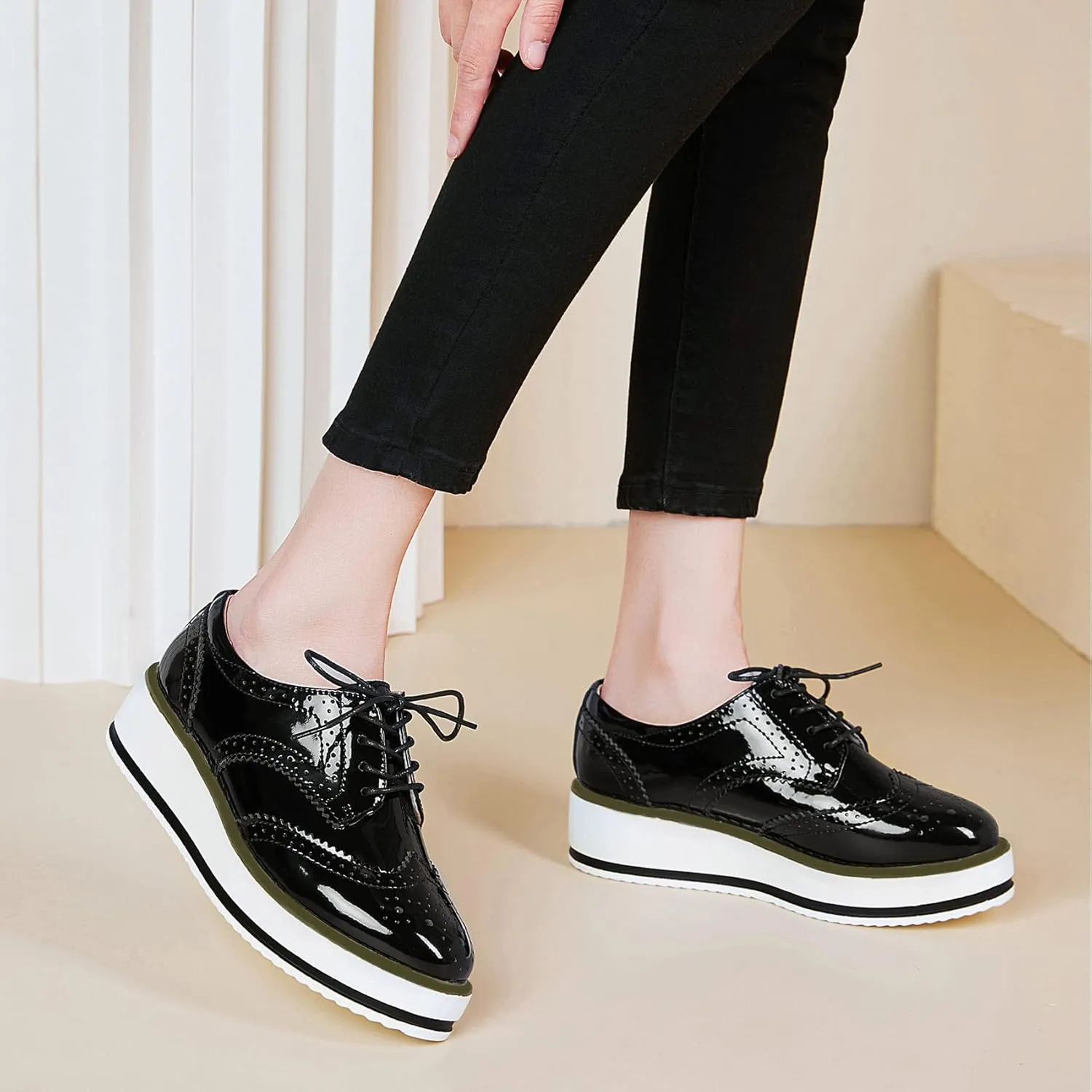 SHEMEE Women's Platform Low Heels Flat Lace Up Wingtip Oxfords Pumps Wedge Vintage Round Toe Brogues Dress Shoes