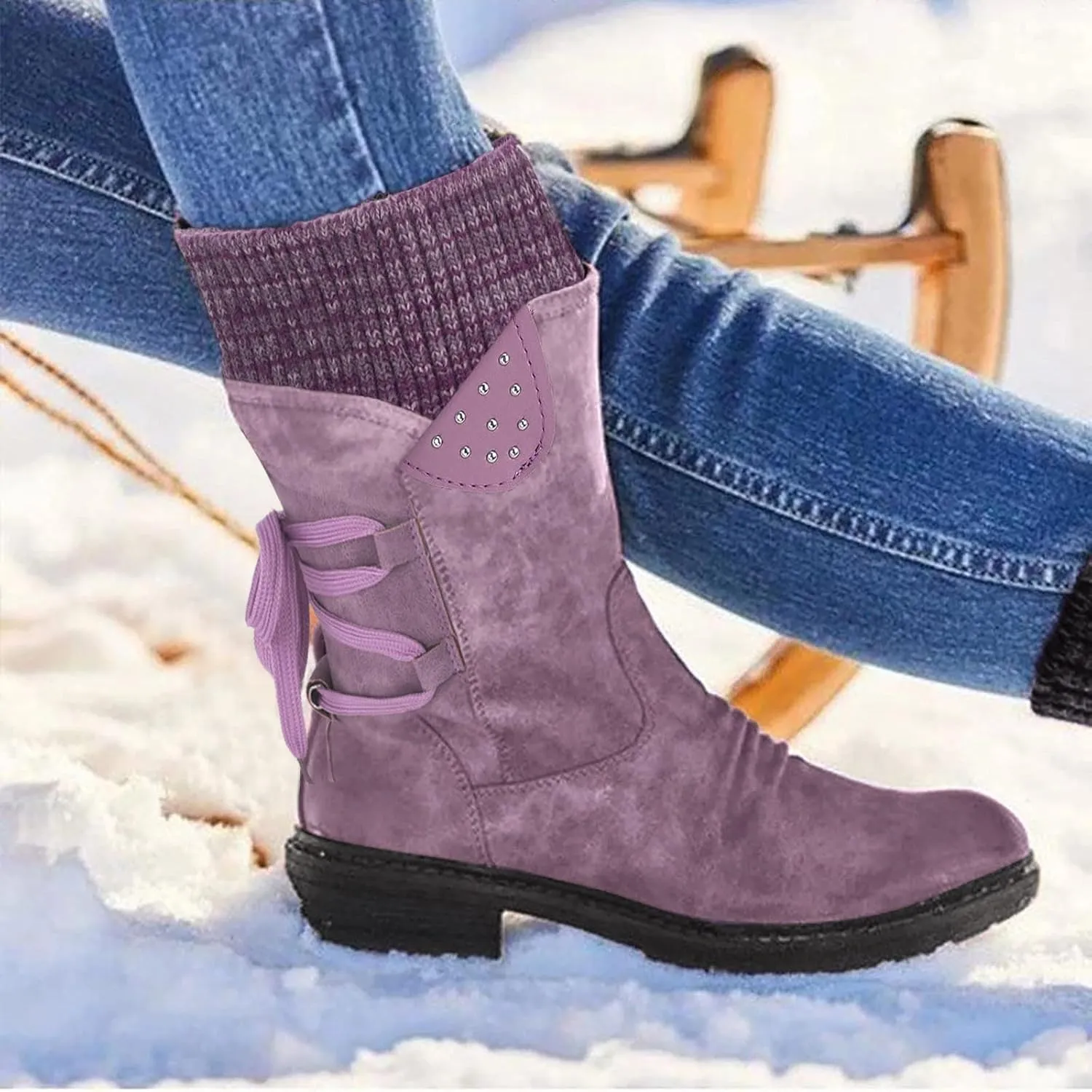 Snow Boots for Women Mid Calf Boots Women Vintage Casual Winter Working shoes Non-slip Lightweight Side Zipper Boots
