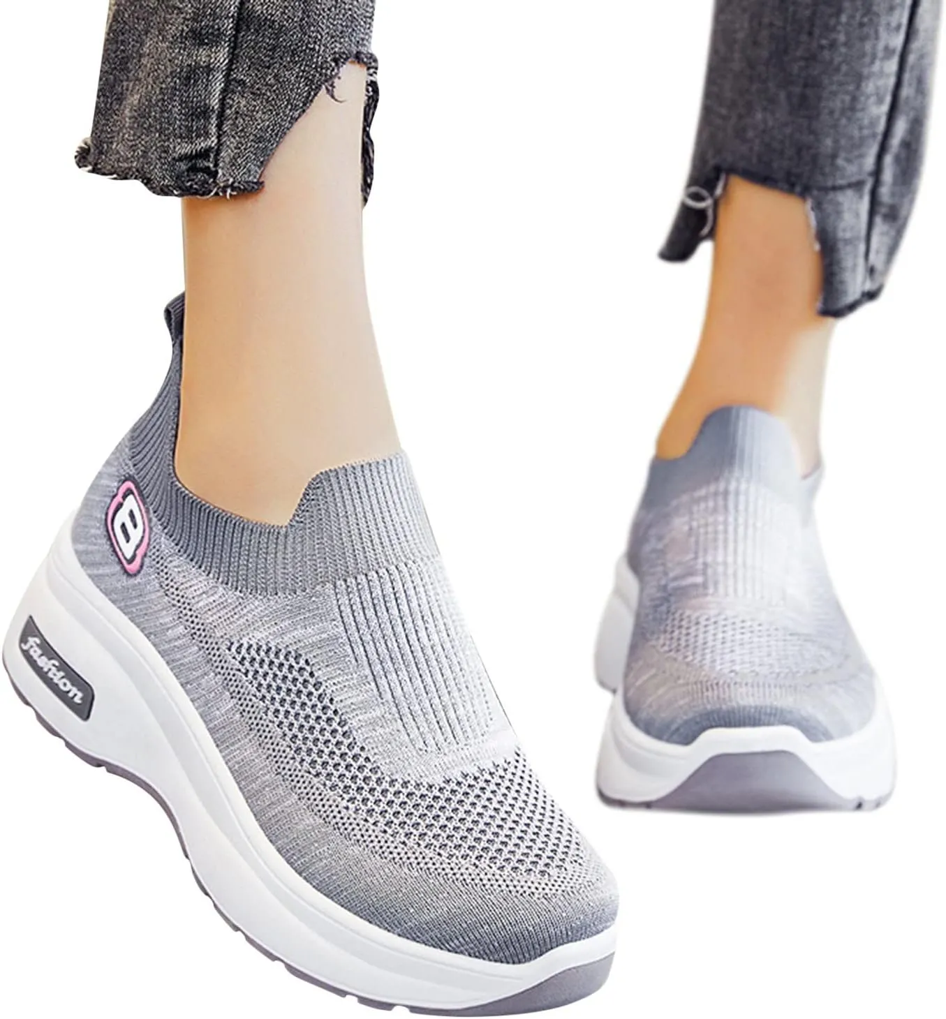 SuanlaTDS Women Shoes Breathable Sneakers Fitness Shoes Sport Leisure Trainer Running Wedge Casual Outdoor Women's Sneakers Womens White Sneaker (Grey, 8.5)