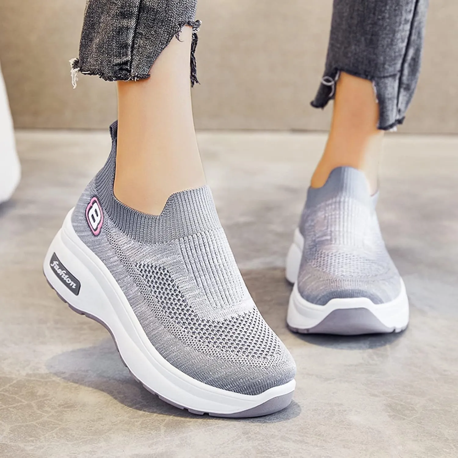 SuanlaTDS Women Shoes Breathable Sneakers Fitness Shoes Sport Leisure Trainer Running Wedge Casual Outdoor Women's Sneakers Womens White Sneaker (Grey, 8.5)