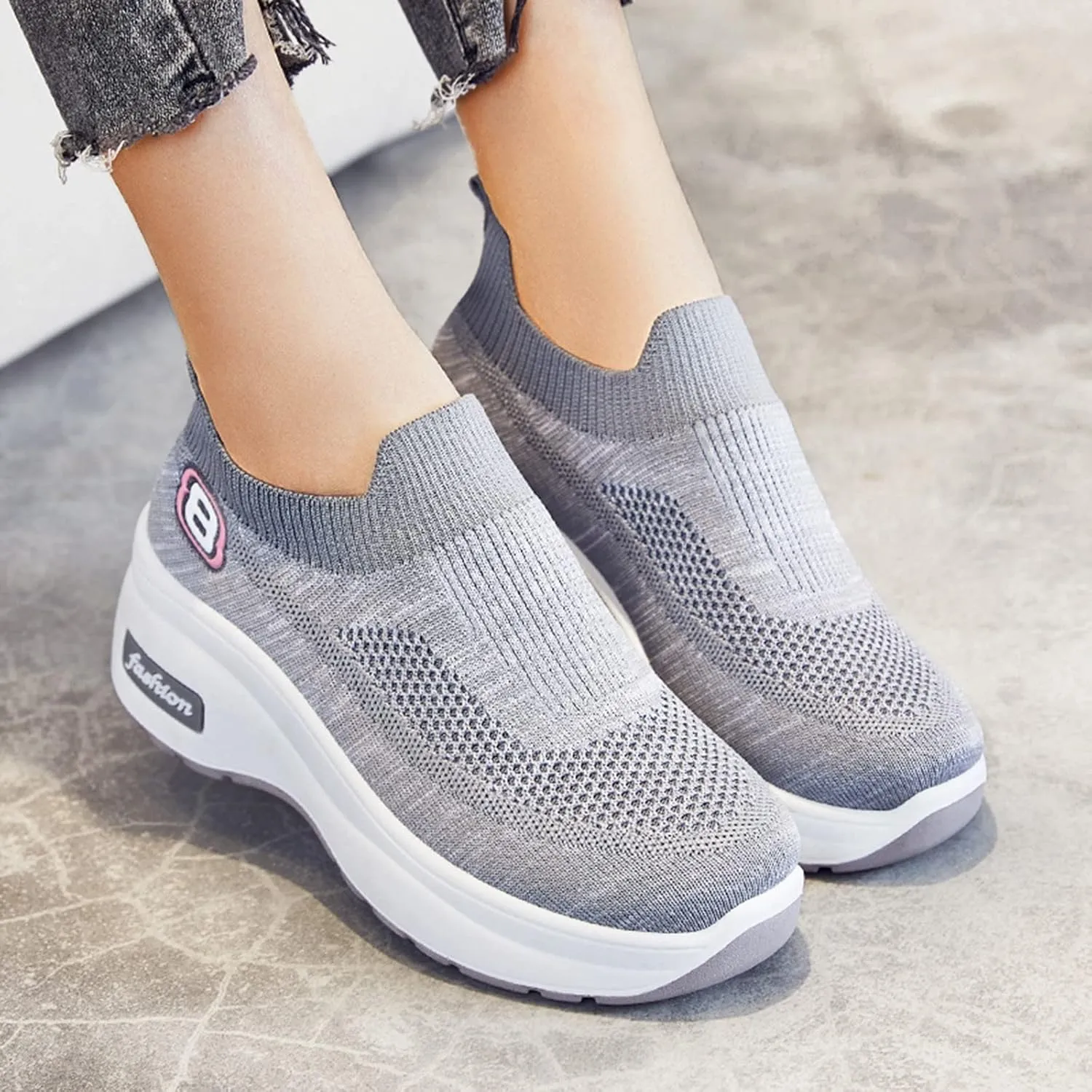 SuanlaTDS Women Shoes Breathable Sneakers Fitness Shoes Sport Leisure Trainer Running Wedge Casual Outdoor Women's Sneakers Womens White Sneaker (Grey, 8.5)