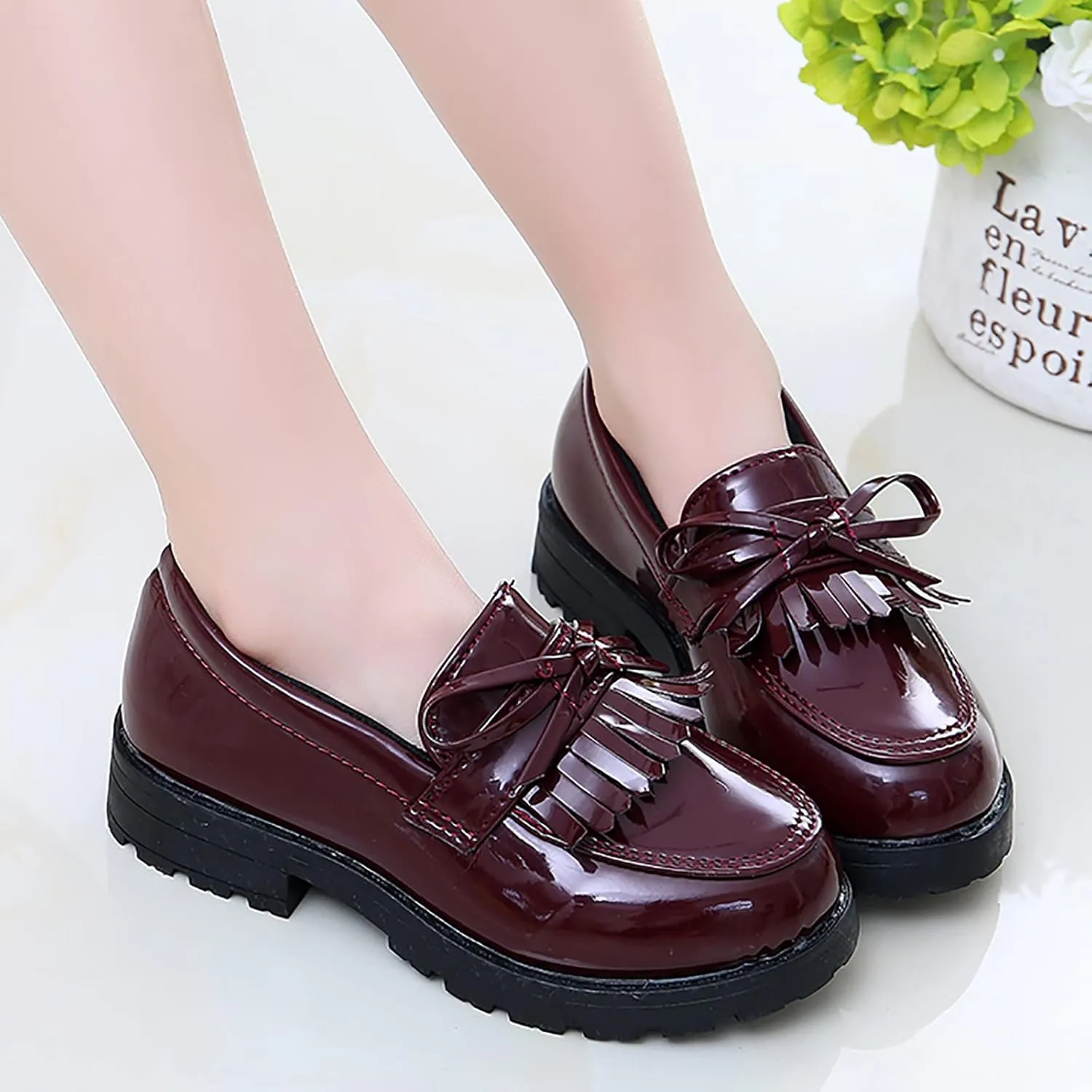 Summer Big Girls Loafer Slip On Leather Tassel Bow School Dress Shoes atent-Leather Reflective Flat Loafers