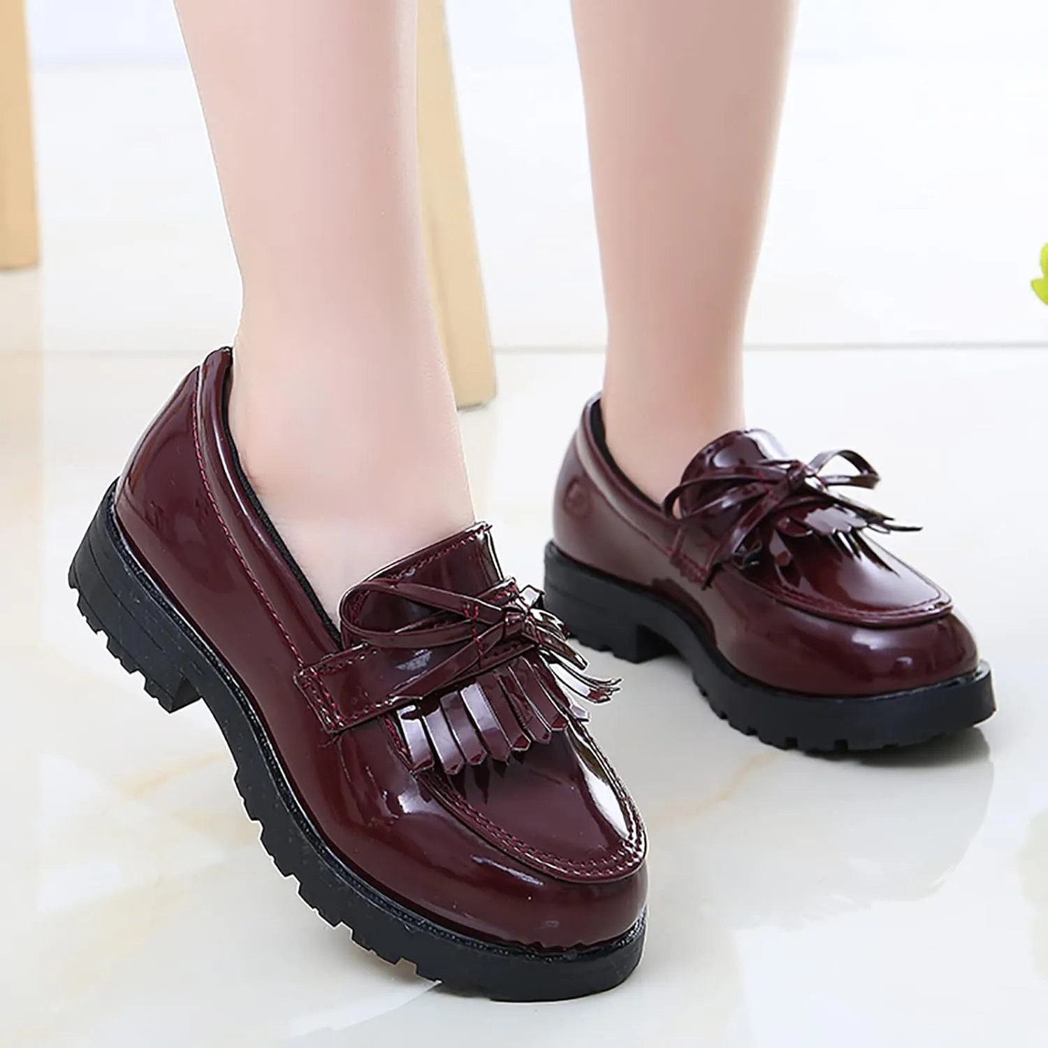 Summer Big Girls Loafer Slip On Leather Tassel Bow School Dress Shoes atent-Leather Reflective Flat Loafers