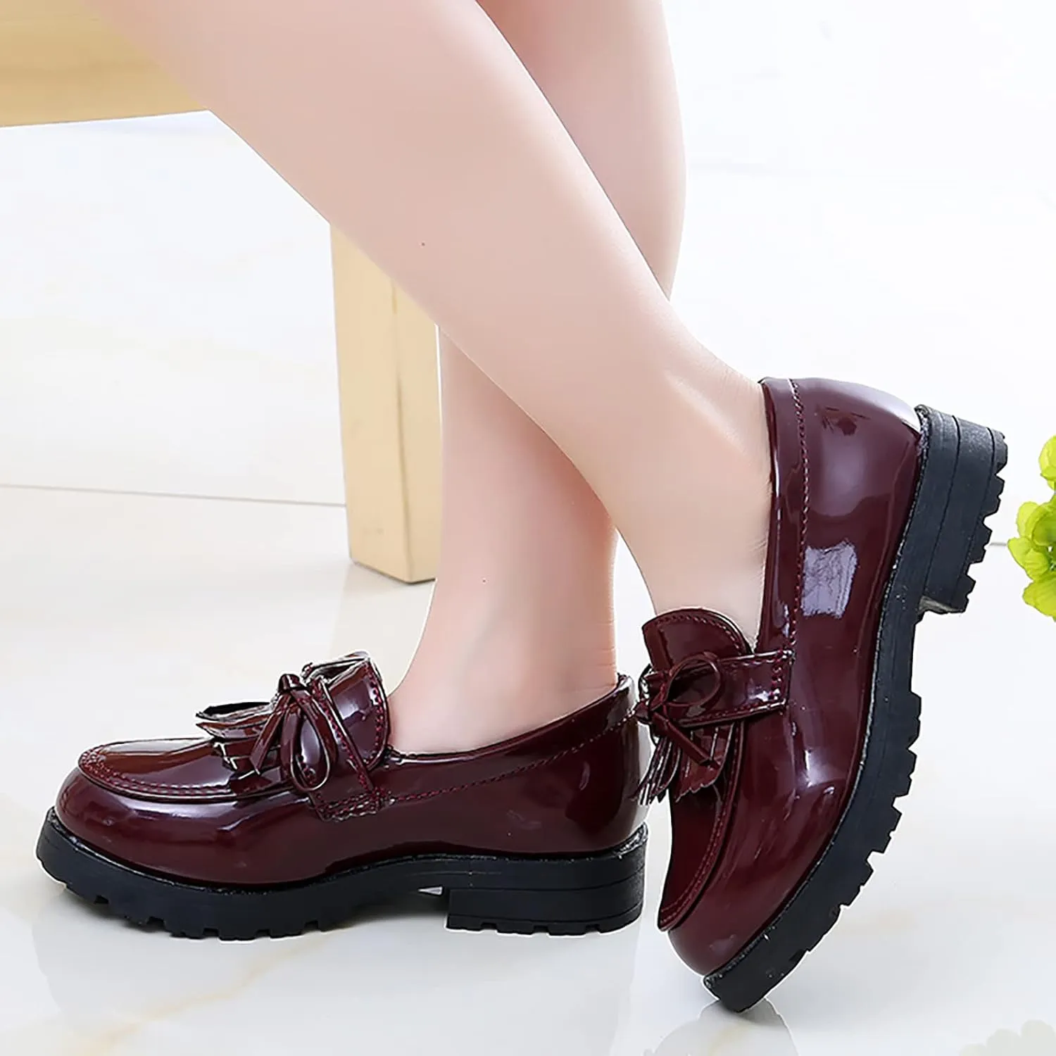 Summer Big Girls Loafer Slip On Leather Tassel Bow School Dress Shoes atent-Leather Reflective Flat Loafers