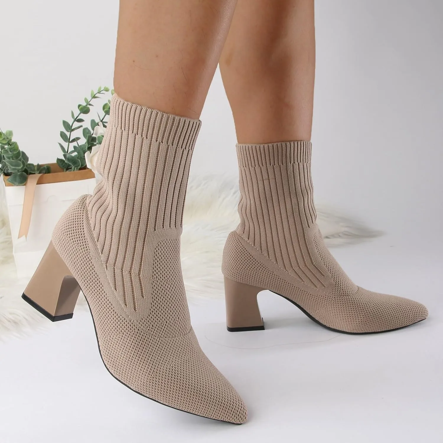 Versatile Short Boots Pointed Toe Thick Heels High Heels Knitted Elastic Socks Boots Flying New Direction Booties
