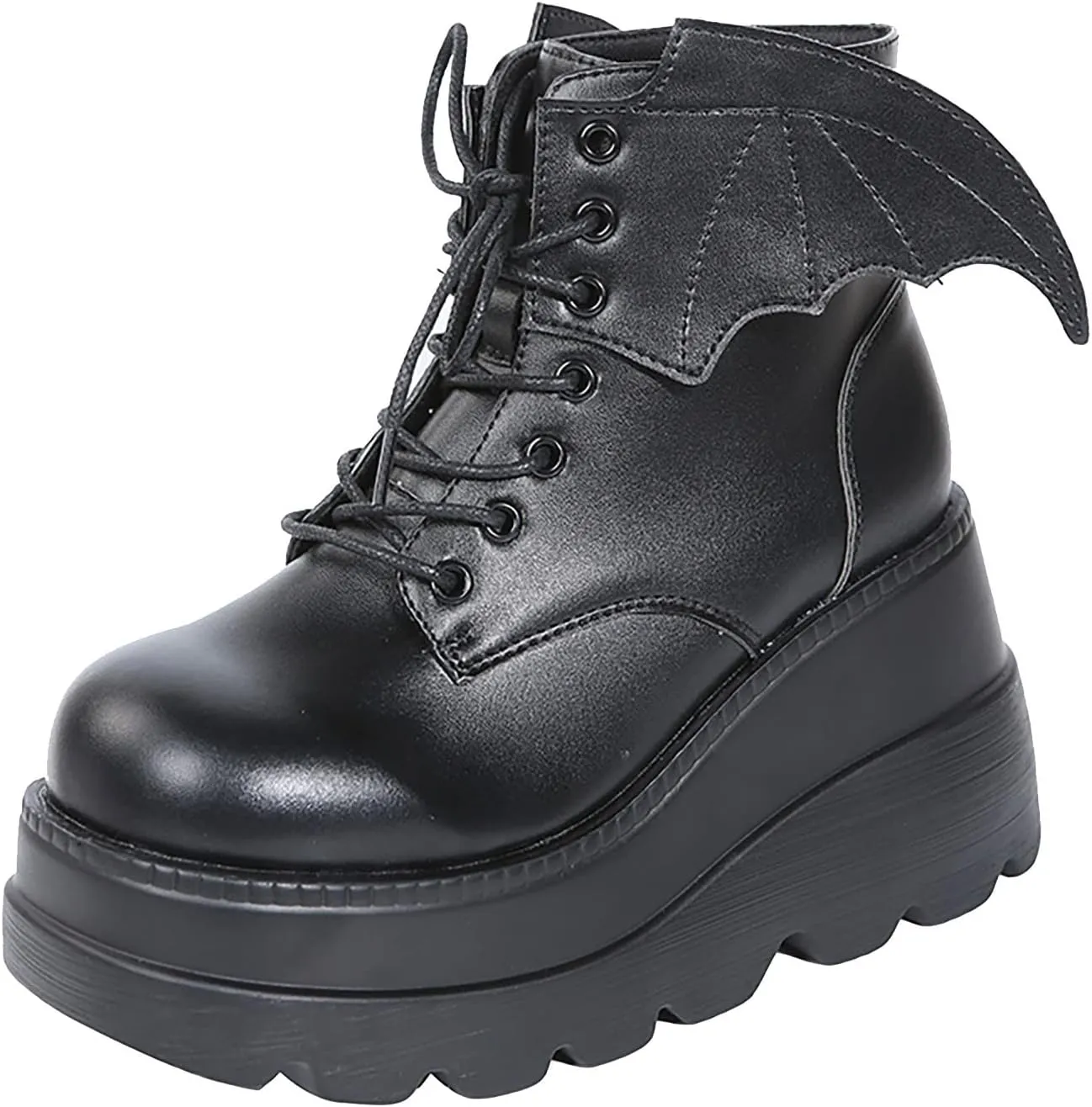 wodceeke Womens Platform Ankle Boots Round Toe Lace Up Combat Boots Goth Punk PU Leather Motorcycle Boots