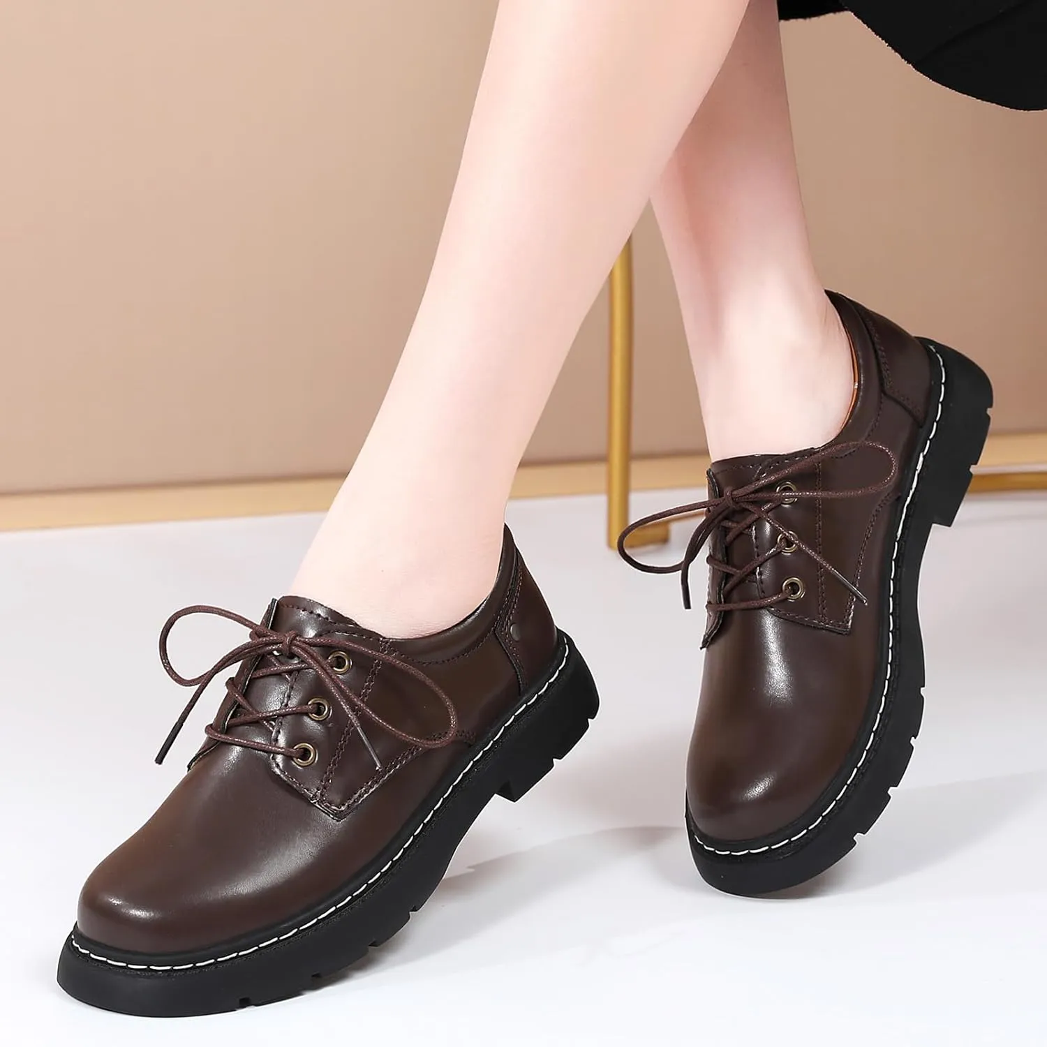 Women Oxford Shoes, Lace Up,Slip Resistant,Leather Upper,Platform Casual Comfort Work Office Dressy Business Shoes for Girls Ladies Women