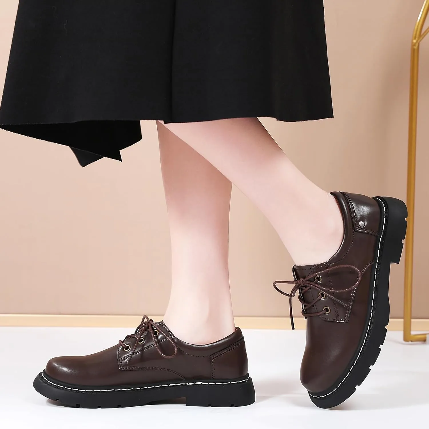 Women Oxford Shoes, Lace Up,Slip Resistant,Leather Upper,Platform Casual Comfort Work Office Dressy Business Shoes for Girls Ladies Women