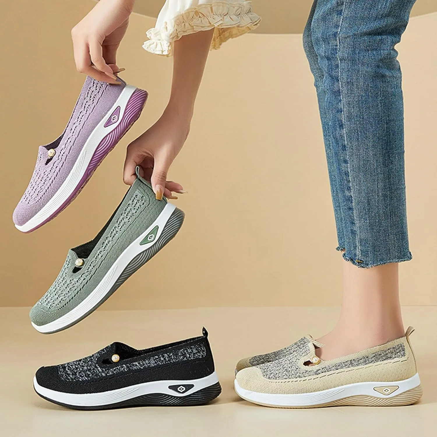 Womens Casual Shoes Slip On Women's Sneakers Loafers Solid Color Lightweight Cute Round Toe Running Shoes Loafers for Women Casual Outdoor Walking Shoe