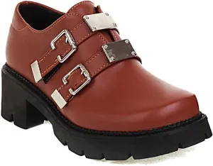 Women's Classic Buckle Platform Oxford Shoes Wingtip Mid Heel Hook & Loop Vintage School Oxfords Brogues