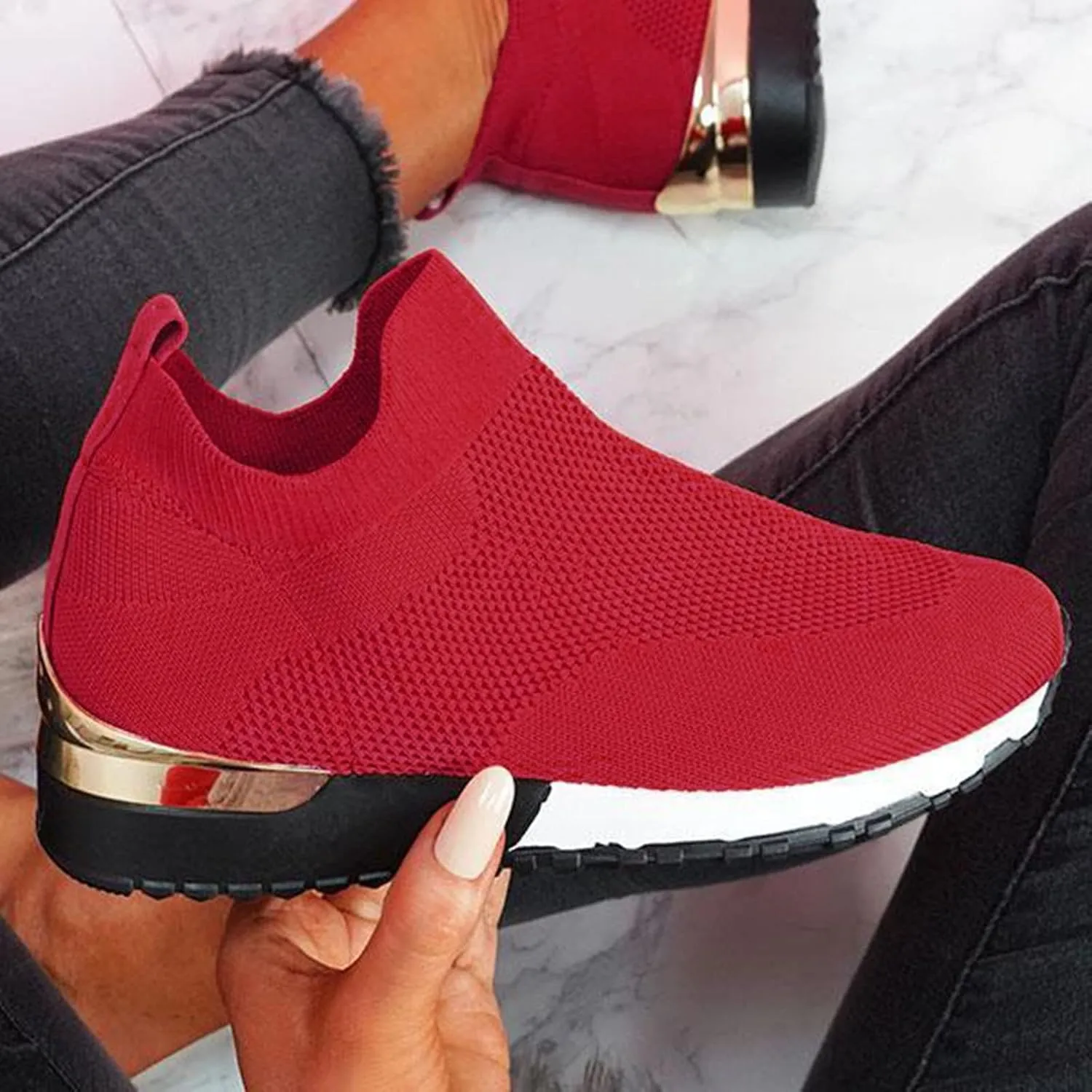 Women's Fashion Sneaker Mesh Slip On Black Non Slip Shoes for Women Comfortable Slip On Tennis Shoes Men Womens Navy Blue Loafers Mens Wide Sneakers