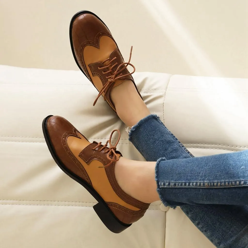 Women's Flat Lace Up Two Toned Oxford Shoes Wingtip Perforated School Uniform Saddle Oxfords Brogues