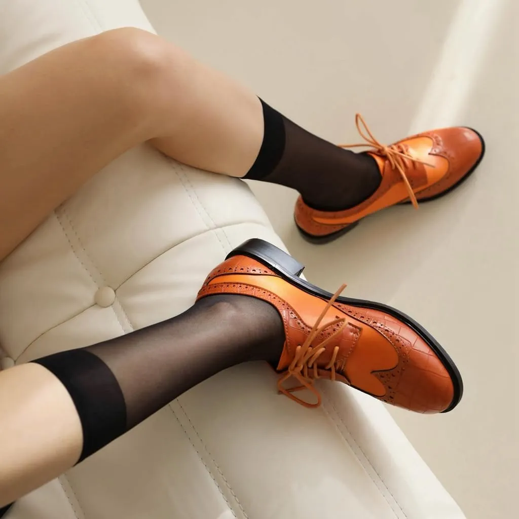 Women's Flat Lace Up Two Toned Oxford Shoes Wingtip Perforated School Uniform Saddle Oxfords Brogues