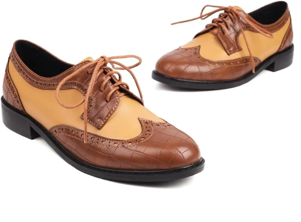 Women's Flat Lace Up Two Toned Oxford Shoes Wingtip Perforated School Uniform Saddle Oxfords Brogues