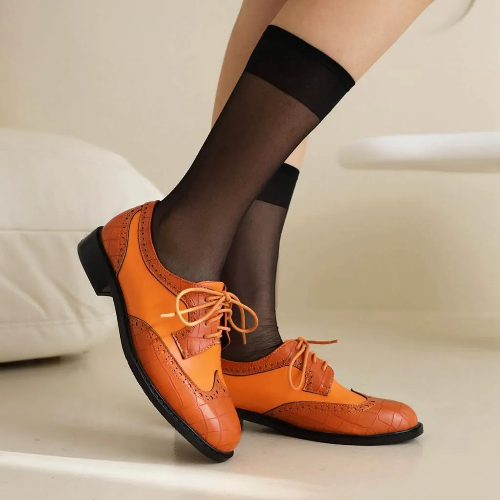 Women's Flat Lace Up Two Toned Oxford Shoes Wingtip Perforated School Uniform Saddle Oxfords Brogues