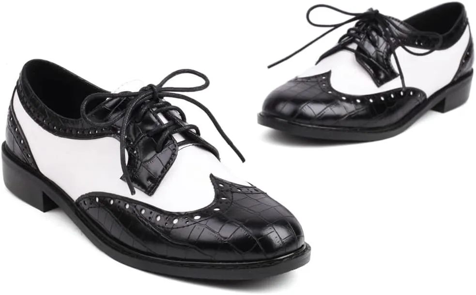 Women's Flat Lace Up Two Toned Oxford Shoes Wingtip Perforated School Uniform Saddle Oxfords Brogues