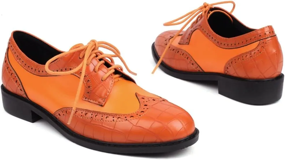 Women's Flat Lace Up Two Toned Oxford Shoes Wingtip Perforated School Uniform Saddle Oxfords Brogues