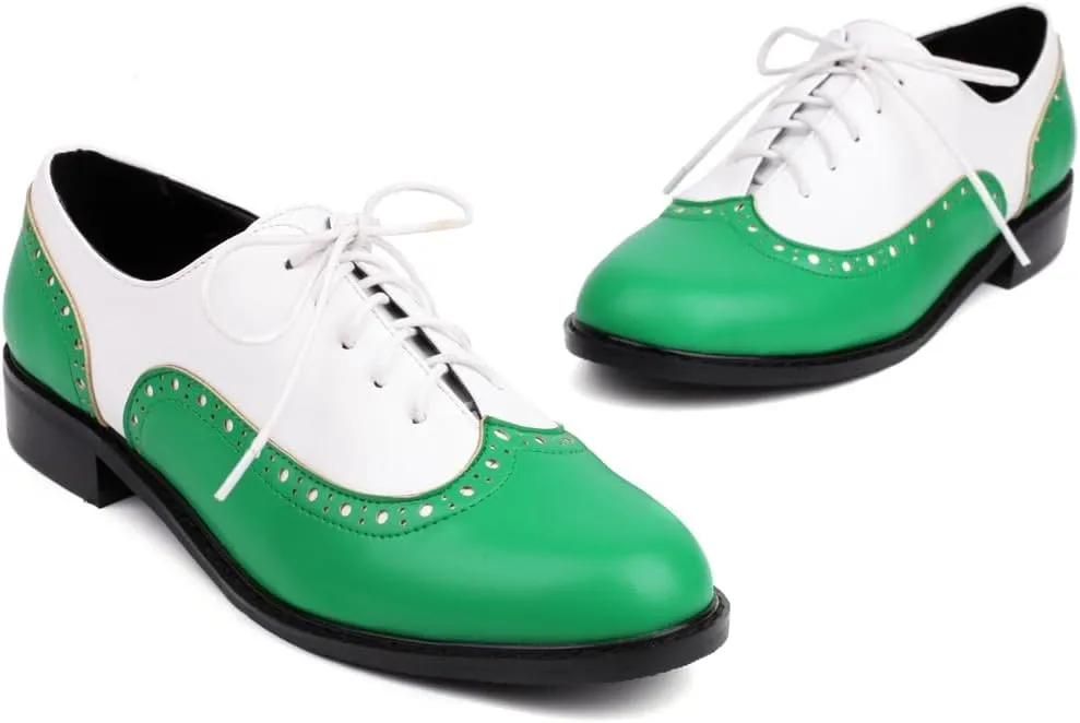 Women's Flat Saddle Oxford Shoes Two Toned Wingtip Perforated Lace Up School Uniform Oxfords Brogues