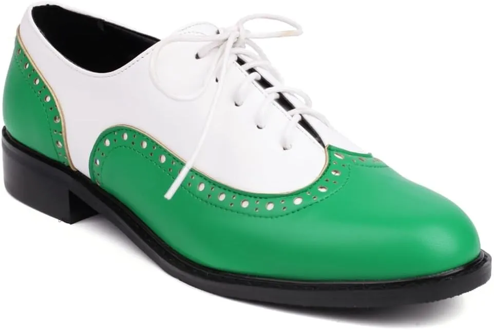 Women's Flat Saddle Oxford Shoes Two Toned Wingtip Perforated Lace Up School Uniform Oxfords Brogues