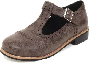 Women's Flat T-Strap Oxford Shoes Wingtip Perforated Vintage School Uniform Saddle Oxfords Brogues