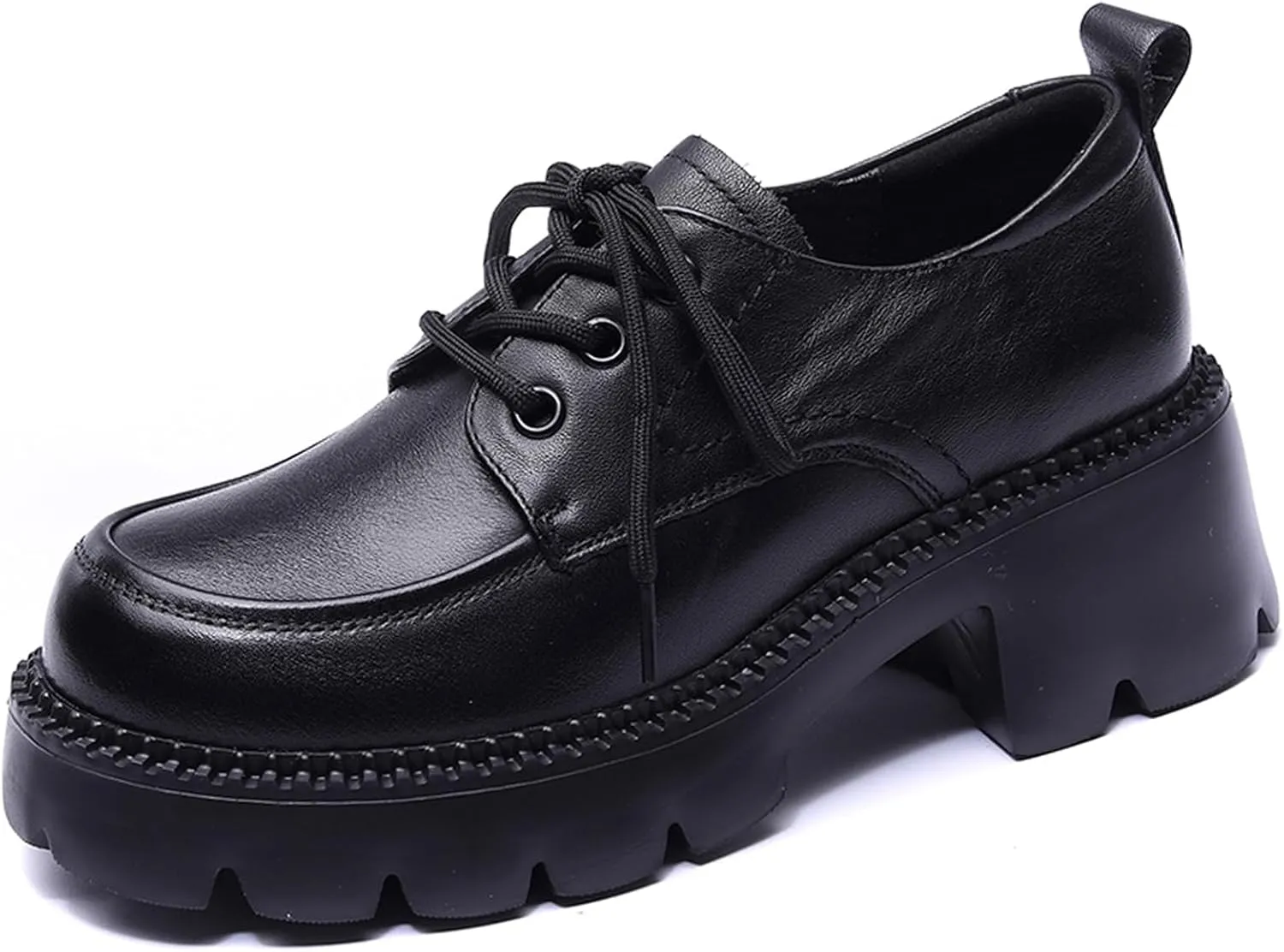 Women's Genuine Leather Lace Up Platform Oxfords Fashion Lug Sole Non-Slip Chunky Heel Loafers Comfortable Business Dress Office Shoes