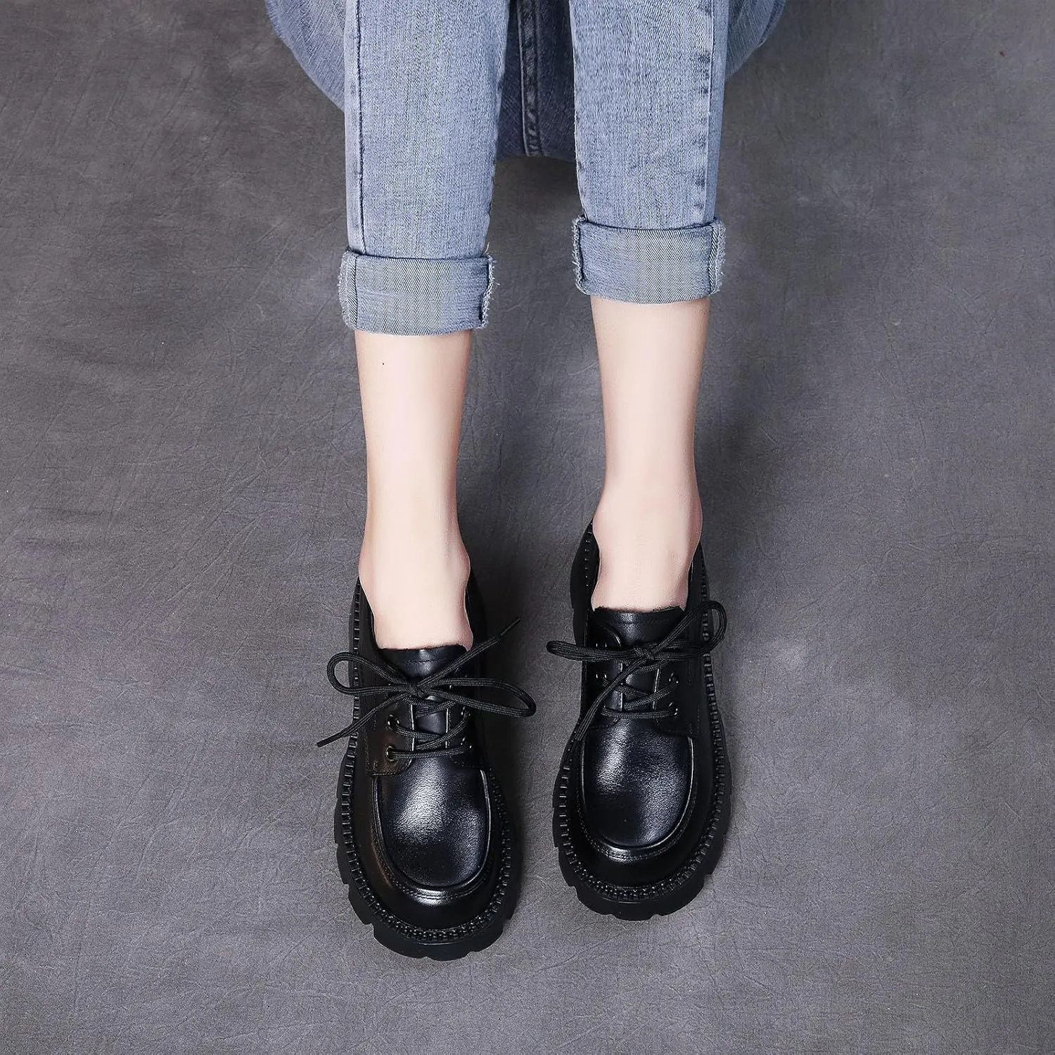 Women's Genuine Leather Lace Up Platform Oxfords Fashion Lug Sole Non-Slip Chunky Heel Loafers Comfortable Business Dress Office Shoes