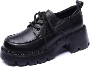 Women's Genuine Leather Lace Up Platform Oxfords Fashion Lug Sole Non-Slip Chunky Heel Loafers Comfortable Business Dress Office Shoes