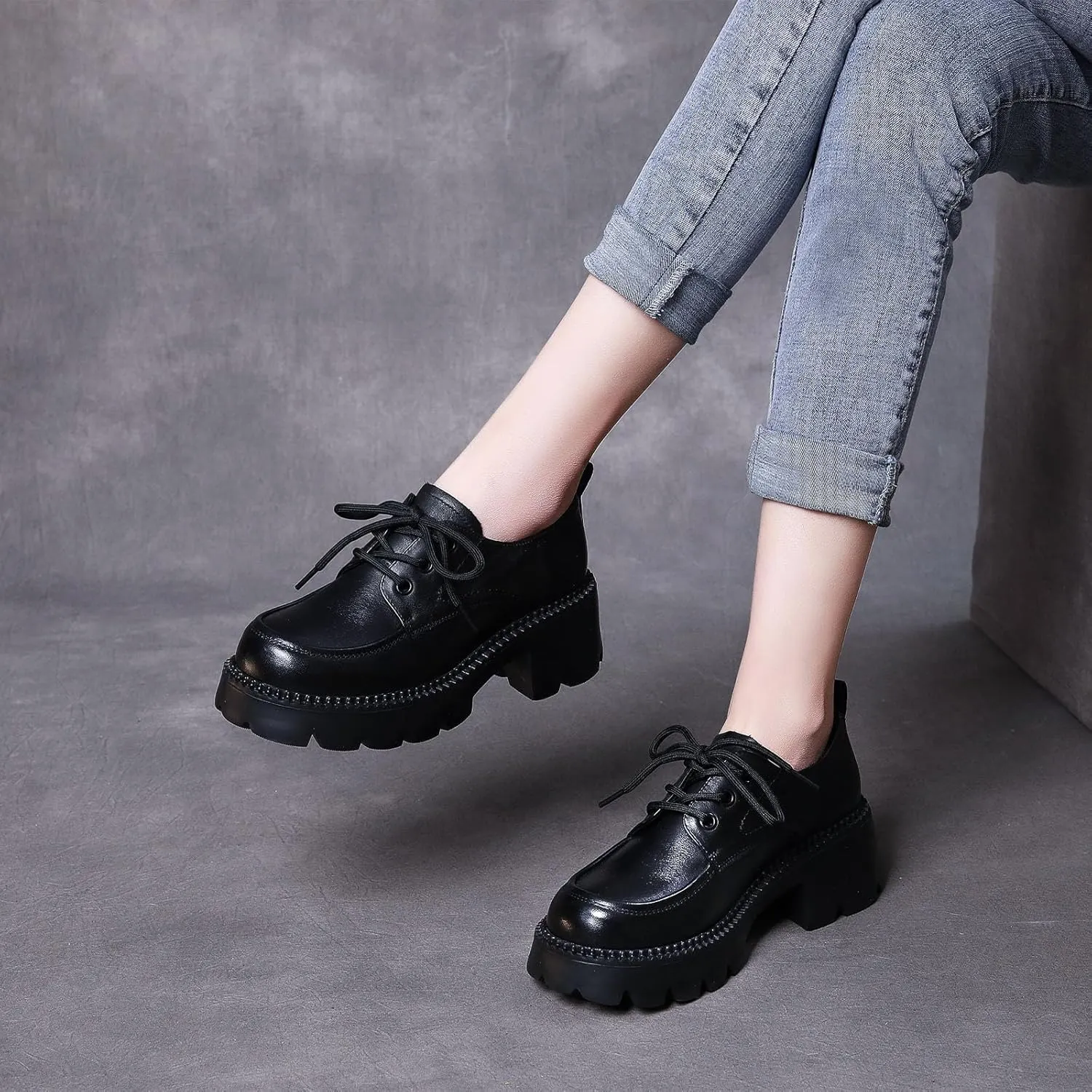 Women's Genuine Leather Lace Up Platform Oxfords Fashion Lug Sole Non-Slip Chunky Heel Loafers Comfortable Business Dress Office Shoes