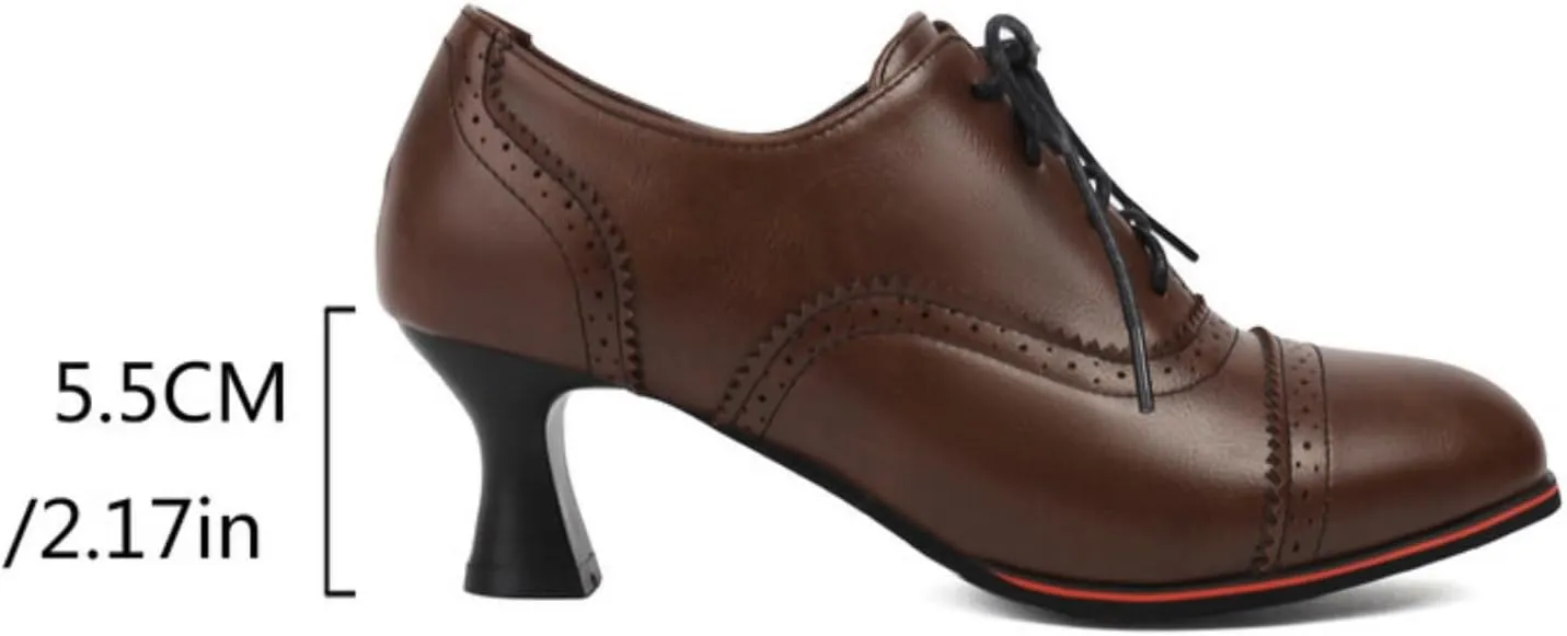 Women's Kitten Low Heel Oxfords Shoes Fashion Round Toe Lace Up Vintage Brogues Comfortable Wingtip High Heel Dress Pumps