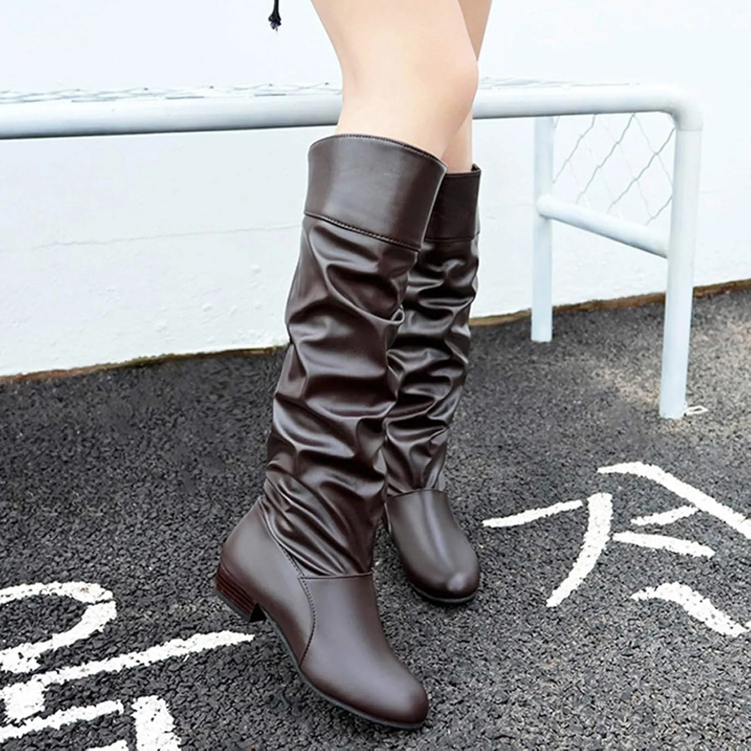 Womens Knee High Boots No Heel,Casual Pull On Tall Boots Slouchy Leather Flat Booties Wide Calf Boots for Women 2024