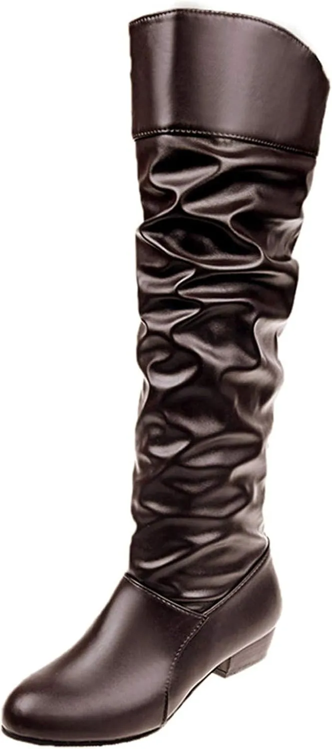 Womens Knee High Boots No Heel,Casual Pull On Tall Boots Slouchy Leather Flat Booties Wide Calf Boots for Women 2024