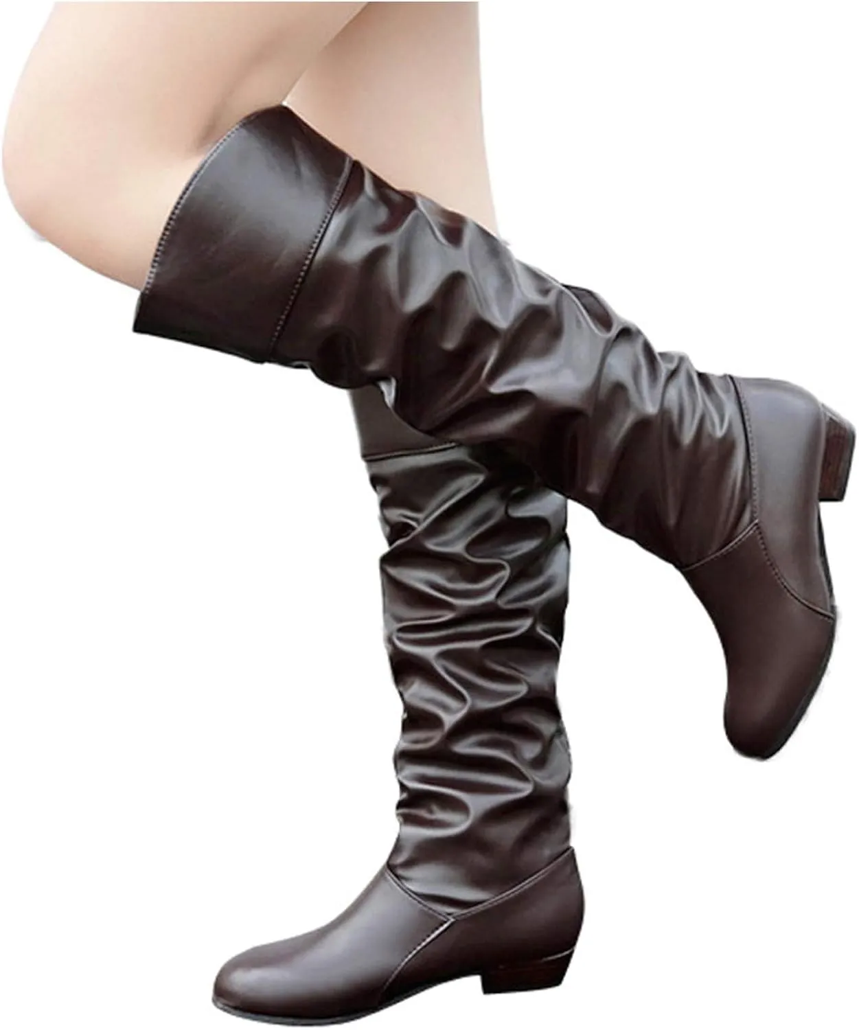 Womens Knee High Boots No Heel,Casual Pull On Tall Boots Slouchy Leather Flat Booties Wide Calf Boots for Women 2024