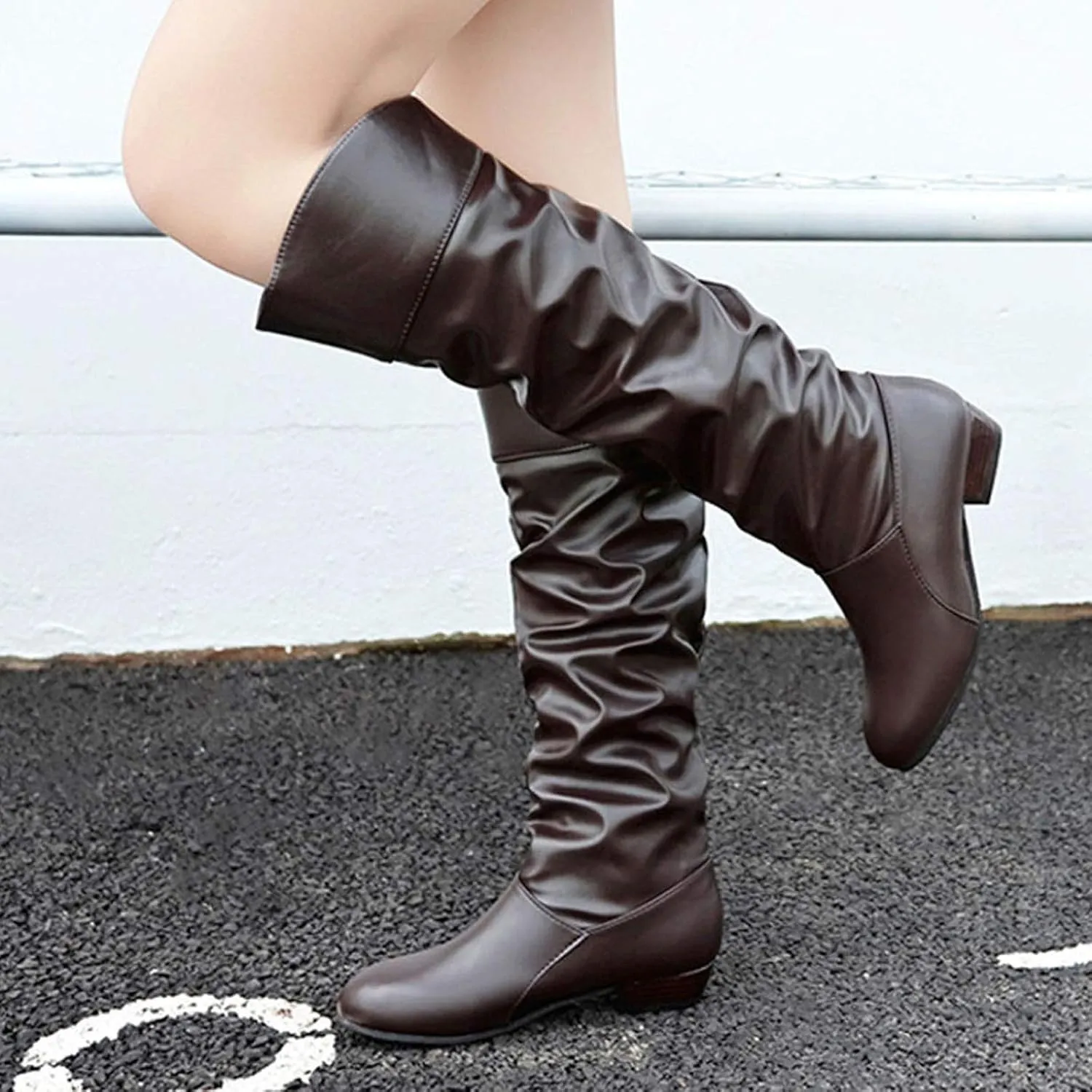 Womens Knee High Boots No Heel,Casual Pull On Tall Boots Slouchy Leather Flat Booties Wide Calf Boots for Women 2024