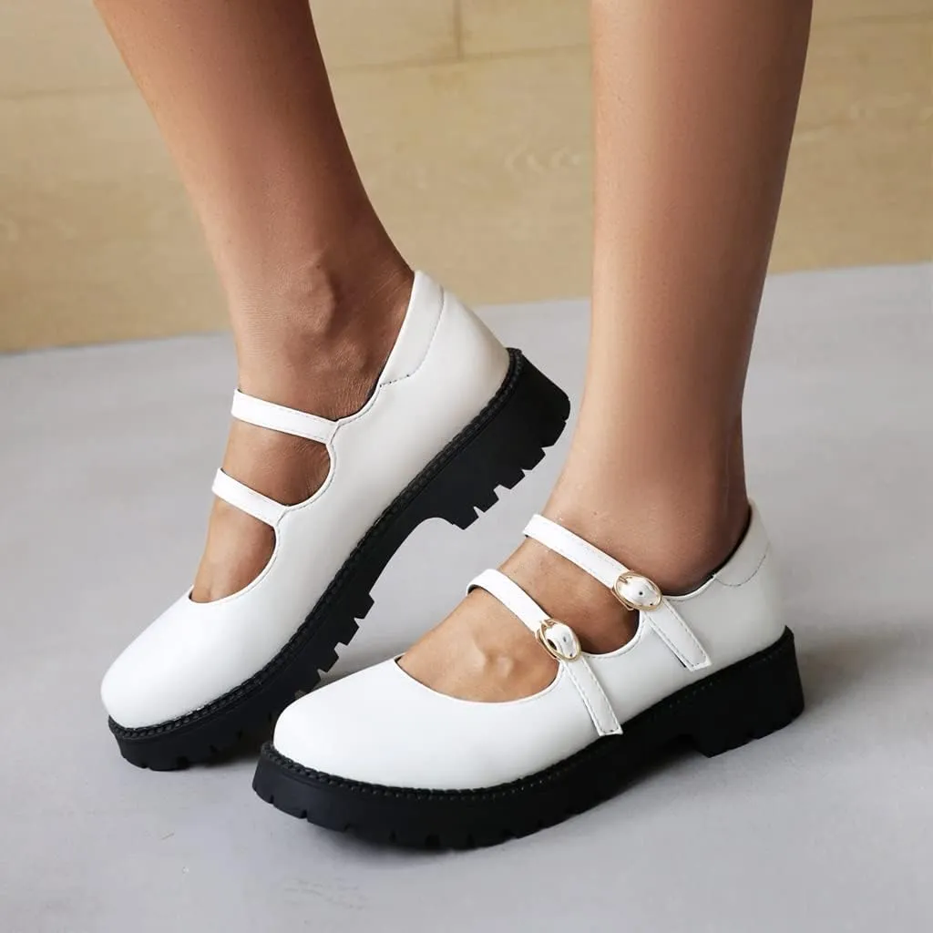 Women's Mary Jane Flats Oxford Shoes Vintage Round Toe Buckle Strap Low Heel Girls Oxfords Dress Shoe