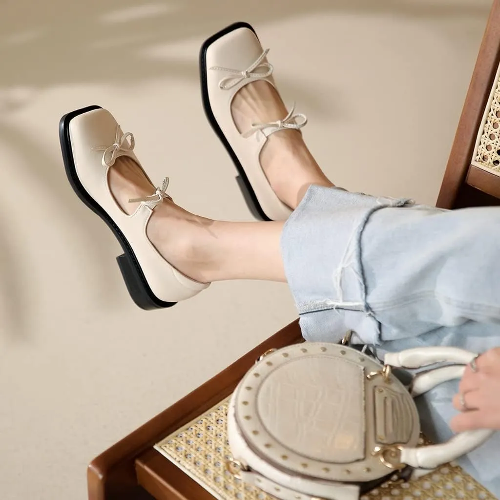 Women's Mary Jane Oxford Shoes Flats Leather Classic Square Toe Tie Low Heel Girls Oxfords Dress Shoe