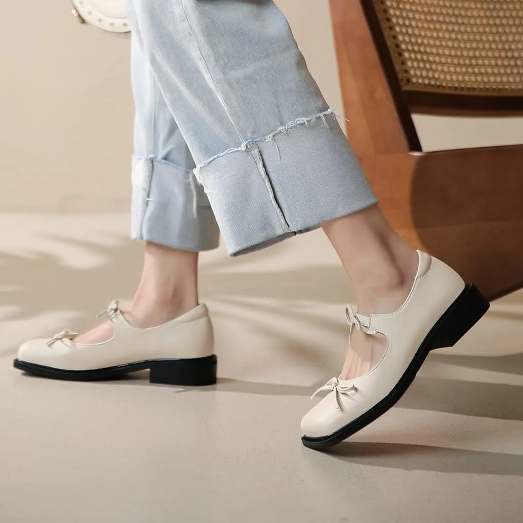 Women's Mary Jane Oxford Shoes Flats Leather Classic Square Toe Tie Low Heel Girls Oxfords Dress Shoe