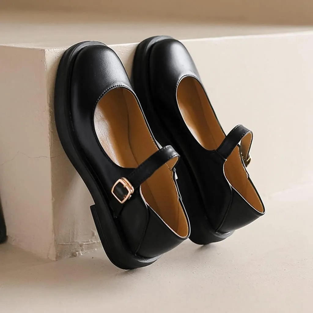 Women's Mary Jane Oxford Shoes Flats Vintage Square Toe Leather Buckle Strap Low Heel Girls Dress Shoe