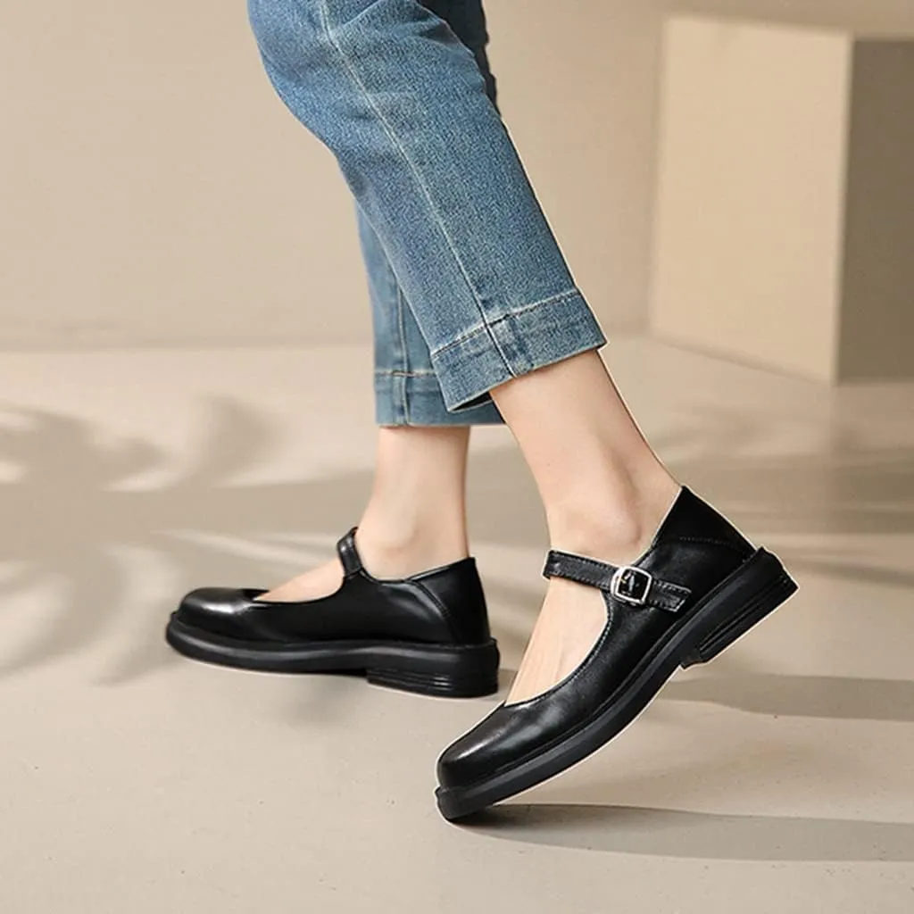 Women's Mary Jane Oxford Shoes Flats Vintage Square Toe Leather Buckle Strap Low Heel Girls Dress Shoe