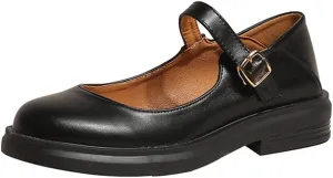 Women's Mary Jane Oxford Shoes Flats Vintage Square Toe Leather Buckle Strap Low Heel Girls Dress Shoe