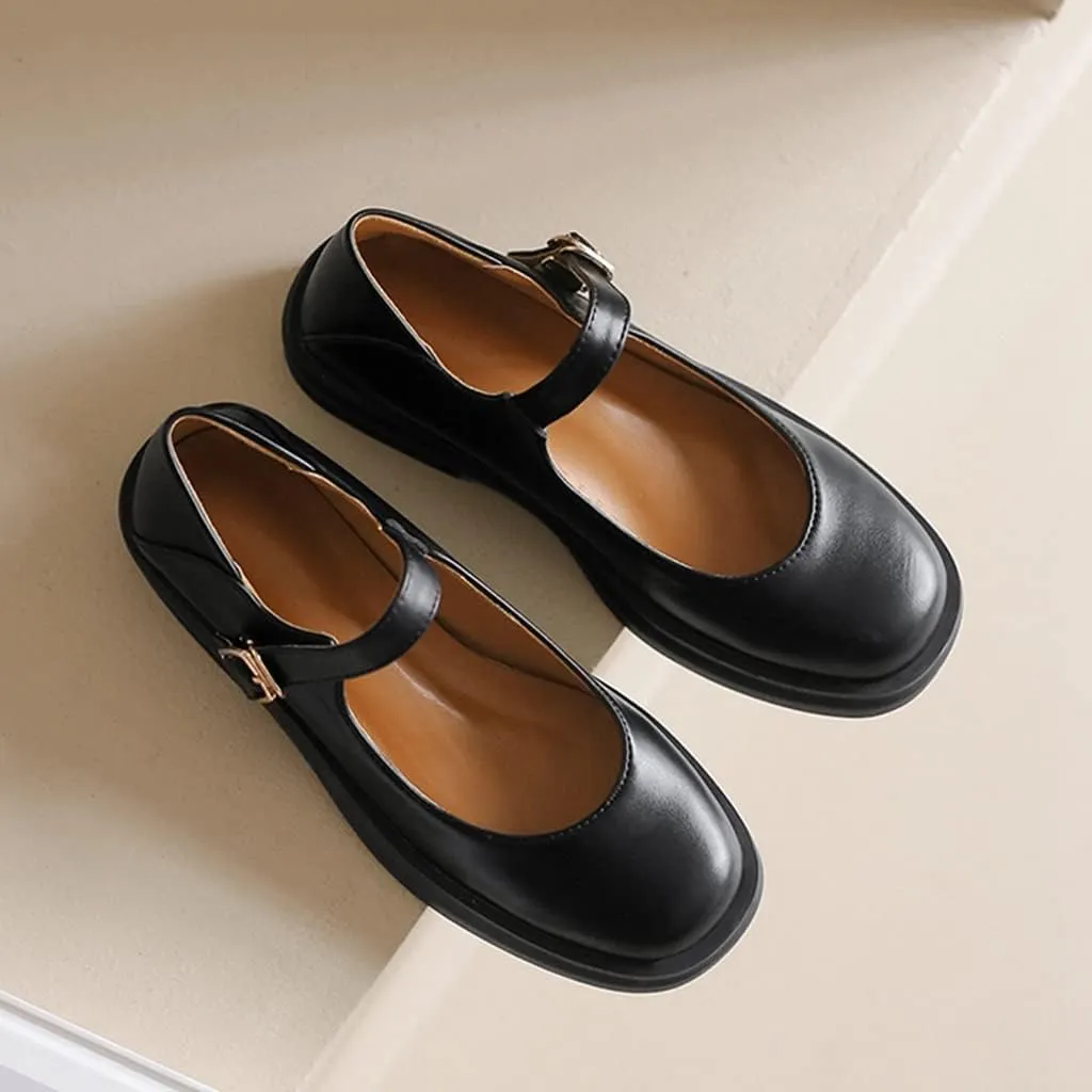 Women's Mary Jane Oxford Shoes Flats Vintage Square Toe Leather Buckle Strap Low Heel Girls Dress Shoe